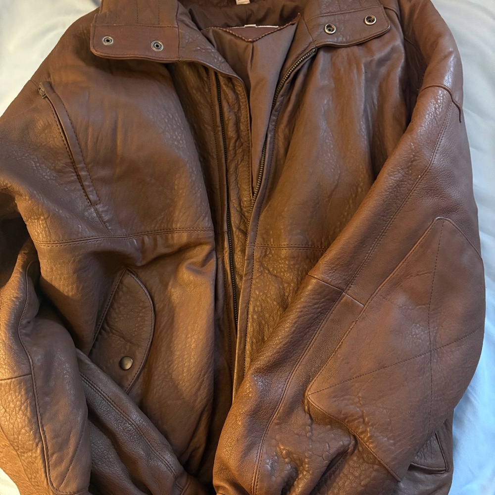 Roundtree & Yorke Brown Leather Bomber Jacket Zip Button Pockets Men's